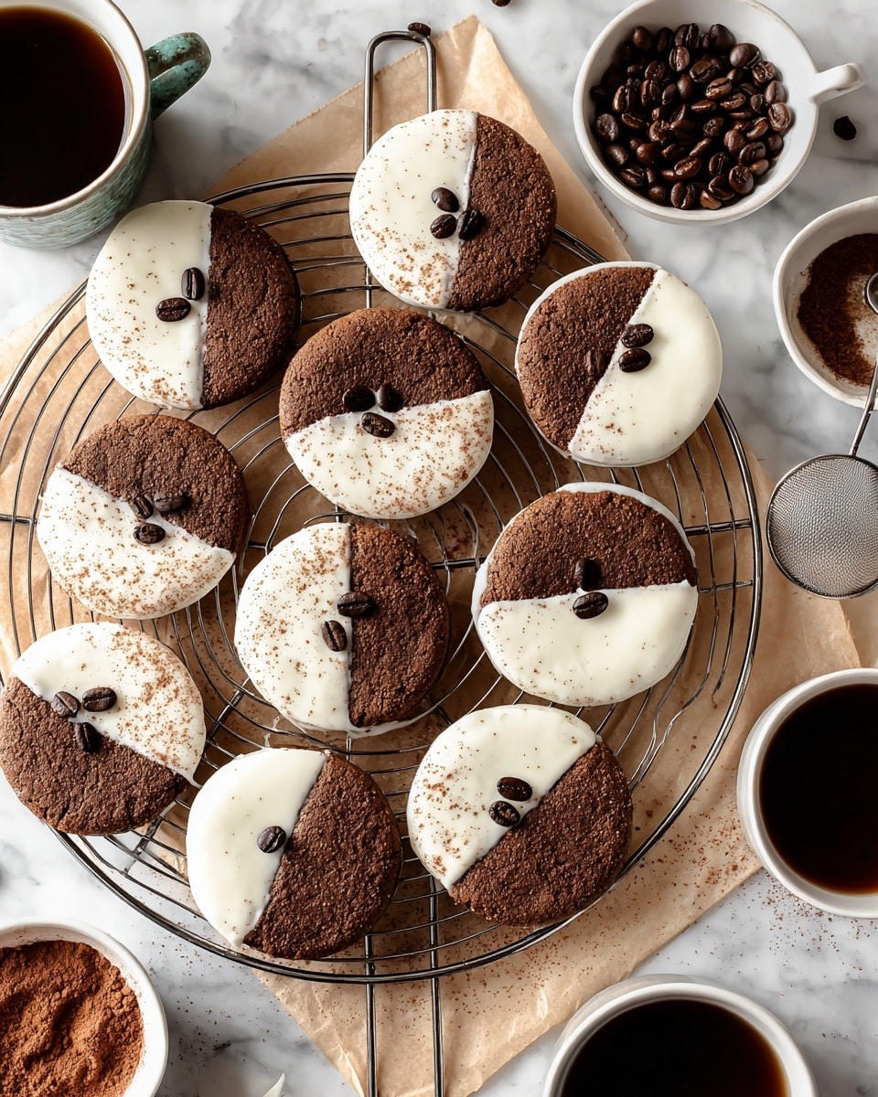 The image shows round chocolate cookies resting on a wire cooling rack over a brown parchment paper on a white marbled surface. Each cookie has two layers: the bottom layer is dark brown and textured like soft cake, the top layer is smooth white icing covering half the cookie. The other half of the icing side is dusted with a light brown cocoa powder. Three dark brown coffee beans sit on the white icing side near the center of the cookie. One cookie in the foreground is partially eaten, showing the thick chocolate cookie base under the icing. Photo taken with an iphone --ar 4:5 --v 7