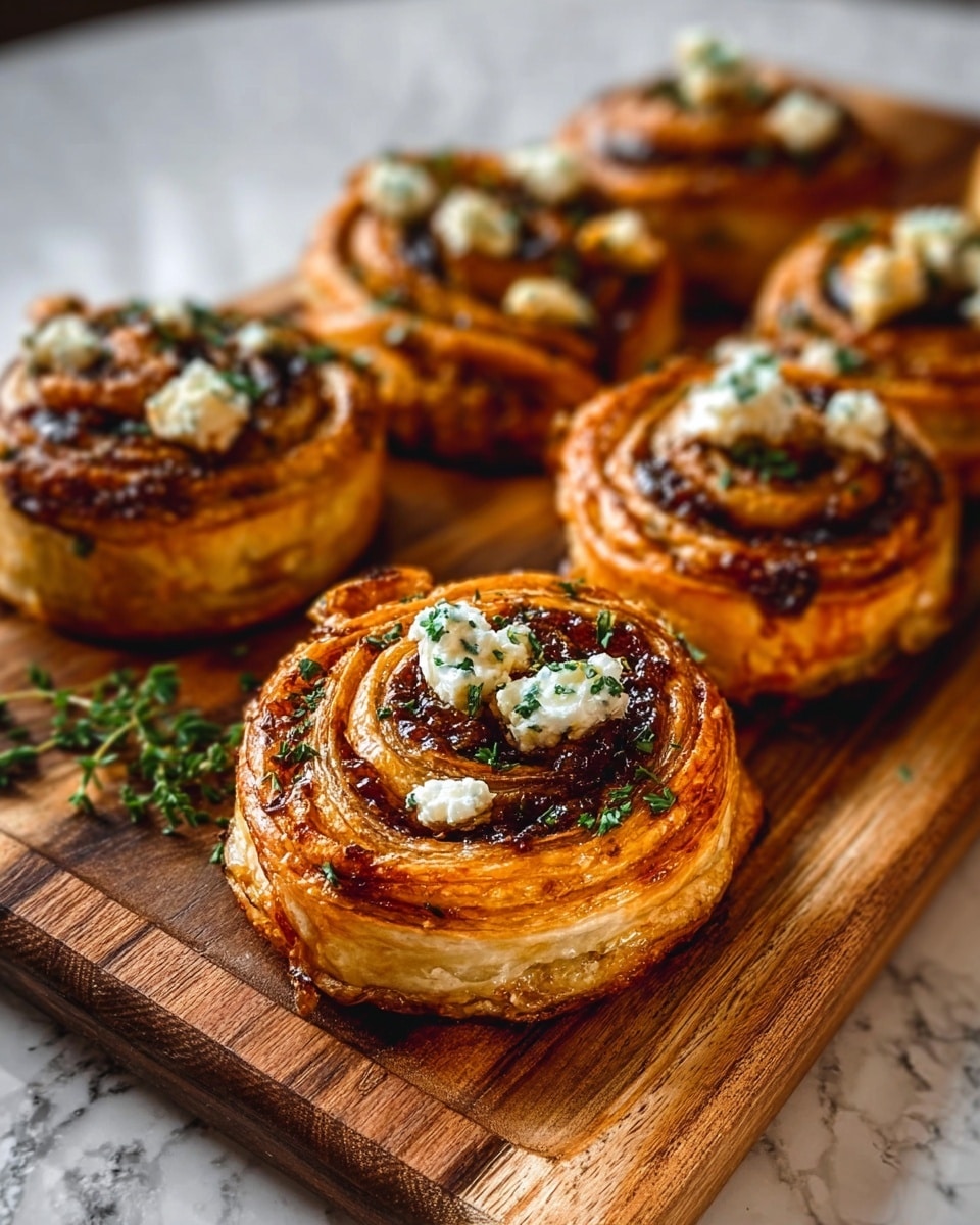 The image shows several puff pastry pinwheels placed on a wooden board, each with a flaky golden-brown crust. The pinwheels have multiple visible layers of dough, with a dark, glossy sauce spread in between, topped with small white cheese pieces and sprinkled with green herbs. The texture of the pastry looks crisp and slightly shiny from the sauce. The background is a white marbled surface with soft natural light. The whole scene feels warm and inviting. Photo taken with an iphone --ar 4:5 --v 7