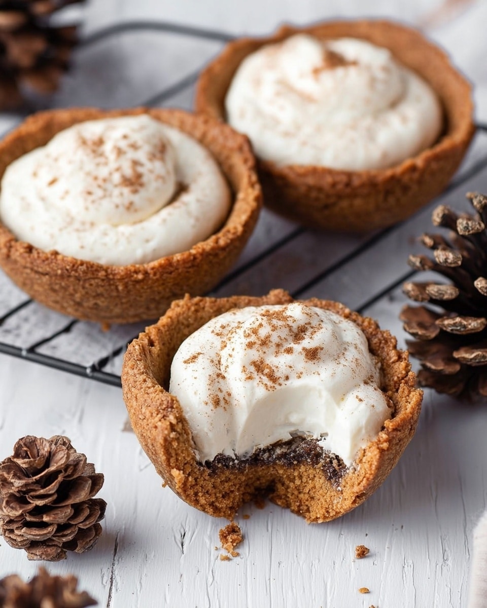 Three cookie cups are shown on a white marbled texture, each with a crispy golden-brown outer crust forming a bowl shape. The cookie cups hold a thick layer of white, smooth cream filling topped with a light sprinkle of brown spice. One cookie cup is broken in half, revealing a dark brown, slightly gooey layer beneath the cream. Small pine cones are scattered around the cookie cups, and a black wire rack is partially visible in the background. photo taken with an iphone --ar 4:5 --v 7