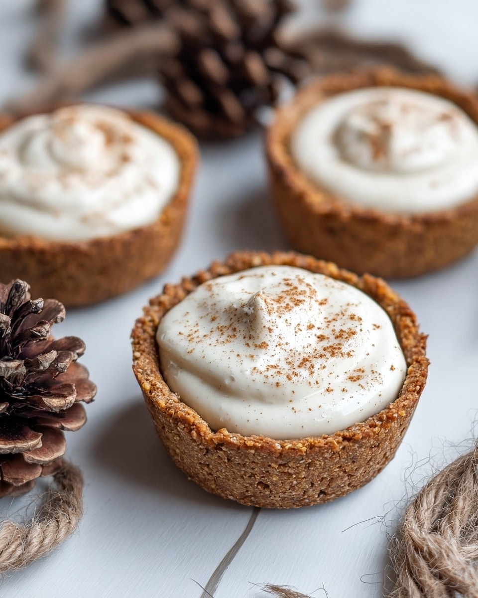 The image shows three small round cookie cups filled with a smooth white creamy filling sprinkled with fine brown spice on top. The cookie cups have a thick, golden-brown crust with a slightly rough texture, standing upright to hold the filling. They are placed on a white marbled surface along with some brown pine cones and rope, adding a natural, rustic feel to the scene. The focus is on the front cookie cup, with the other two slightly blurred in the background. photo taken with an iphone --ar 4:5 --v 7