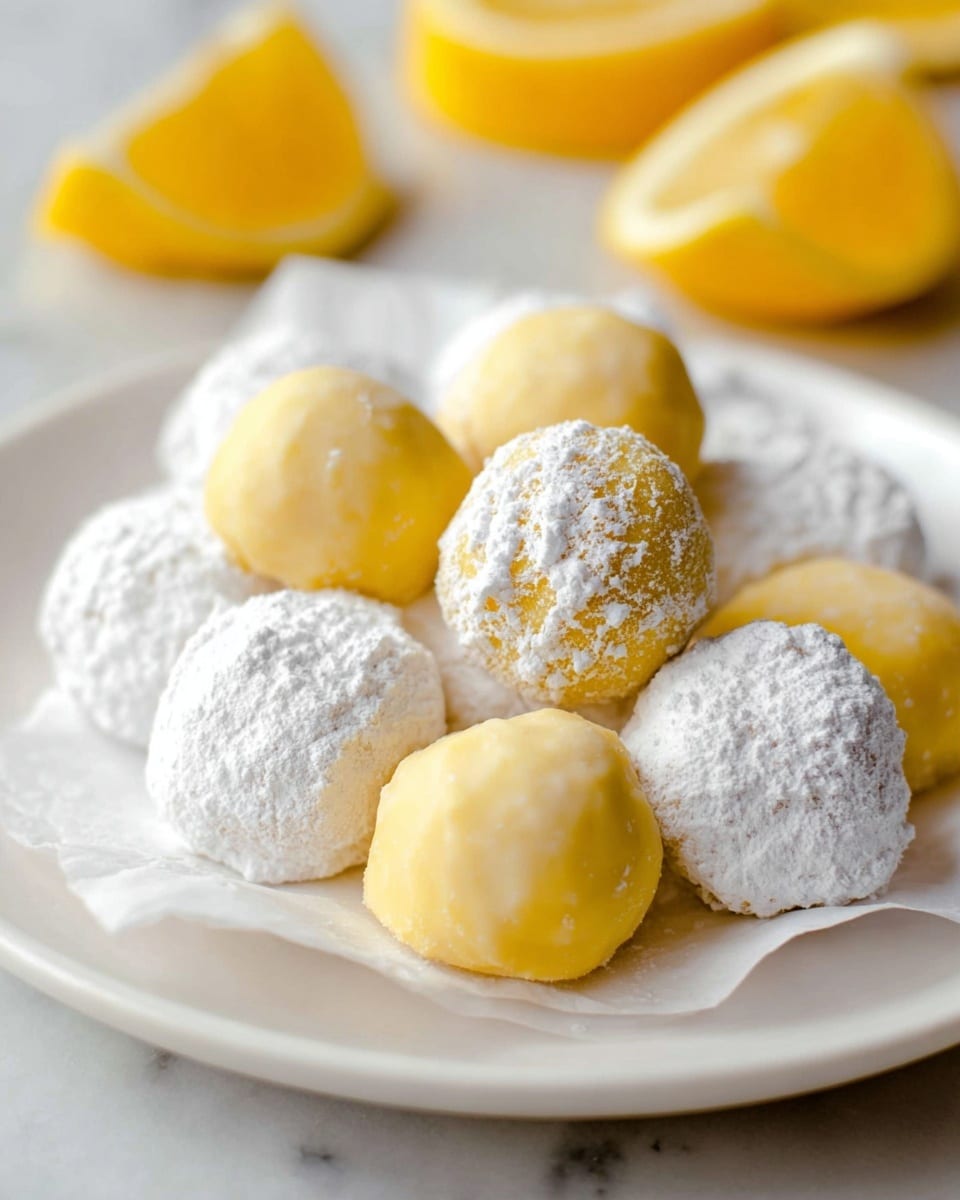 The image shows small round truffles arranged on a white plate covered with white parchment paper. The truffles come in two types: one covered with smooth pale yellow coating, and the other coated with powdered white sugar that gives a rough texture. In the background, there are slices of bright yellow lemon blurred but visible. The plate rests on a white marbled surface, creating a clean and fresh look. photo taken with an iphone --ar 4:5 --v 7