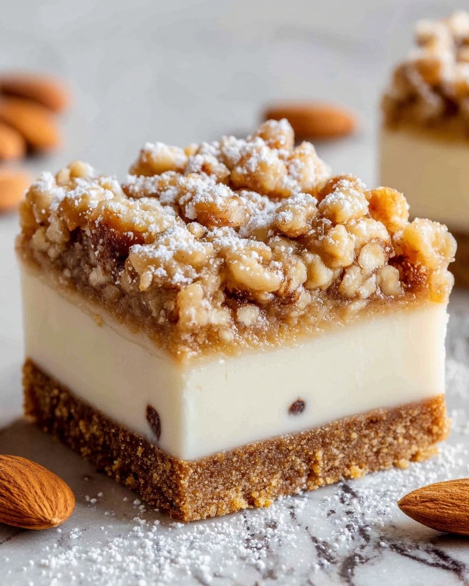 Nine square cookie bars are arranged in a 3 by 3 grid on white parchment paper atop a white marbled surface. Each bar has a golden-brown base with visible chocolate chips, almond slices, and shredded coconut scattered evenly across the top, adding texture and contrast with dark brown, light beige, and white colors. Behind the bars, two small clear glass milk bottles with black and white striped paper straws stand side by side. Nearby, whole almonds and a white dish with chocolate chips are placed casually around the arrangement, adding to the cozy and inviting feel of the scene. Photo taken with an iphone --ar 4:5 --v 7