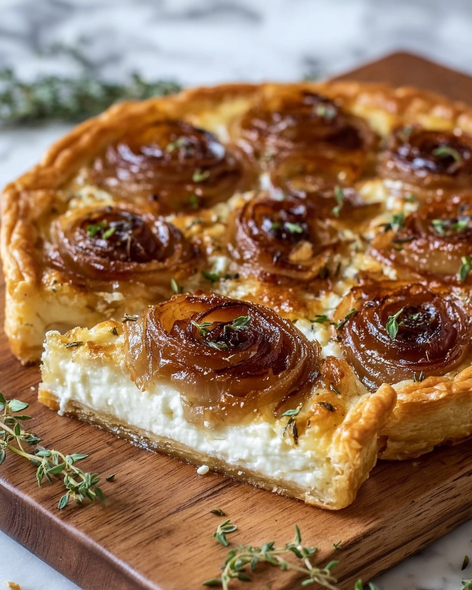 A rectangular flat pastry dough laid on a baking sheet lined with parchment paper rests on a wooden board. The dough is topped with three visible layers: a base layer of cooked onions with a golden brown and slightly translucent texture, a middle layer of dark brown mushrooms scattered unevenly, and a top layer of shredded pale yellow cheese generously spread over the entire surface. The background shows a white marbled kitchen countertop with various blurred kitchen items, including a patterned ceramic container. A woman's hand is reaching over the pastry from the left side. Photo taken with an iphone --ar 4:5 --v 7