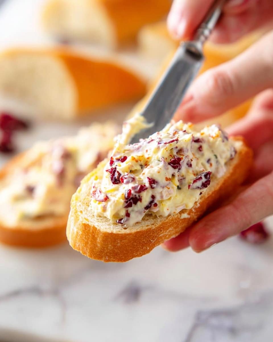 A white bowl filled with creamy butter mixed with small pieces of red dried cranberries and tiny orange zest bits, giving it a textured and colorful look. The butter is loosely swirled on top, showing soft waves and folds. Around the bowl, some dried cranberries and orange zest sprinkles are spread on a white marbled surface. In the background, slices of light beige bread are slightly blurred, adding depth to the image. Photo taken with an iphone --ar 4:5 --v 7