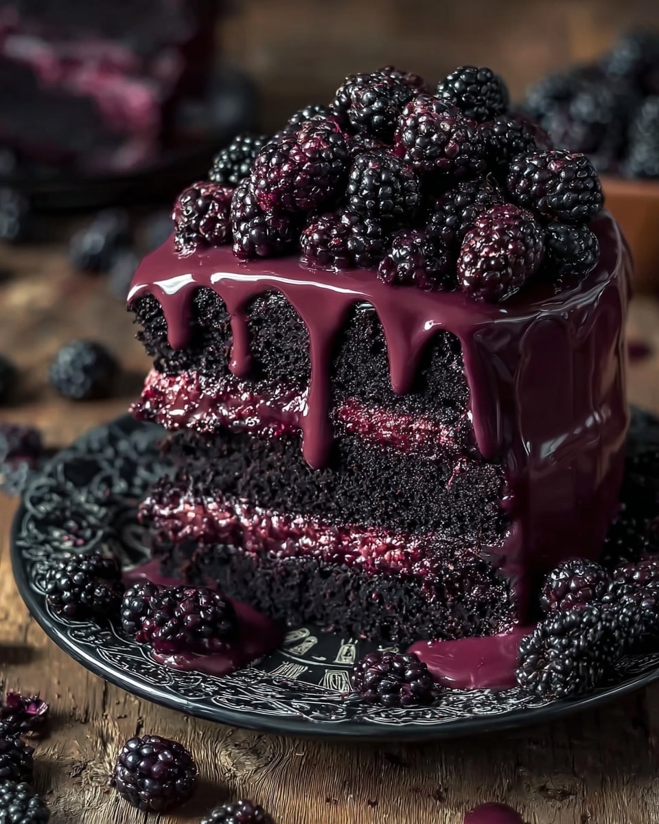 This image shows a tall, three-layer dark chocolate cake with deep purple berry filling between each layer. The cake is covered in a glossy, thick purple glaze that drips down the sides, and the top is crowded with fresh blackberries. Some blackberries are also scattered around the black patterned plate the cake sits on, which is placed on a wooden surface. The cake looks rich, moist, and shiny with a vibrant contrast between the dark cake and bright purple glaze. Photo taken with an iphone --ar 4:5 --v 7
