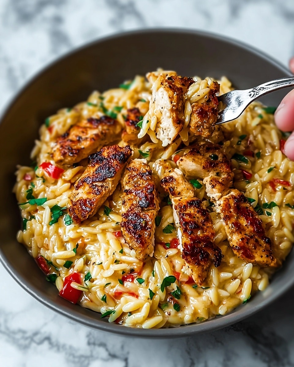 A close-up view of a dish with three main layers: at the bottom is a creamy sauce with a light yellow color, then a thick layer of yellow-orange orzo pasta coated in sauce, and on top, several large pieces of grilled chicken with a golden-brown, slightly charred crust. The pasta and chicken are sprinkled with finely chopped green herbs and small bits of red chili flakes. A fork is lifting a bite with orzo and chicken from the white bowl holding the dish, all placed on a white marbled surface. photo taken with an iphone --ar 4:5 --v 7