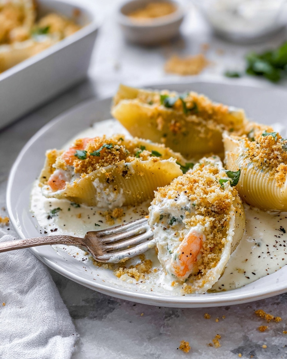 Three large shell-shaped pasta stuffed with creamy white cheese mixed with small pink shrimp are placed on a white plate. The shells are topped with golden brown breadcrumbs and sprinkled with chopped green herbs. A white creamy sauce with visible black pepper and herbs is spread on the plate under and around the shells. A vintage fork with a silver handle rests on the plate next to the shells. The plate is set on a white marbled surface with some blurred kitchen items in the background. Photo taken with an iphone --ar 4:5 --v 7