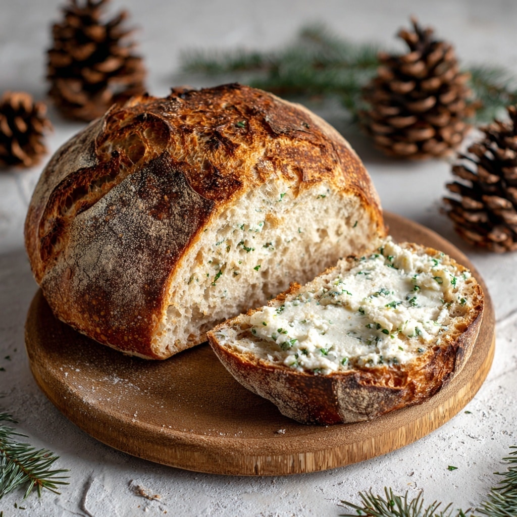 A rustic loaf of bread is sliced, showing a rough, golden-brown crust dusted with flour. Inside, the bread is soft and pale with specks of green herbs and swirls of melted cheese spread throughout. The loaf rests on a round, natural wood board with bark edges, surrounded by green pine branches and frosted pinecones, all placed on a white marbled textured surface. photo taken with an iphone --ar 4:5 --v 7