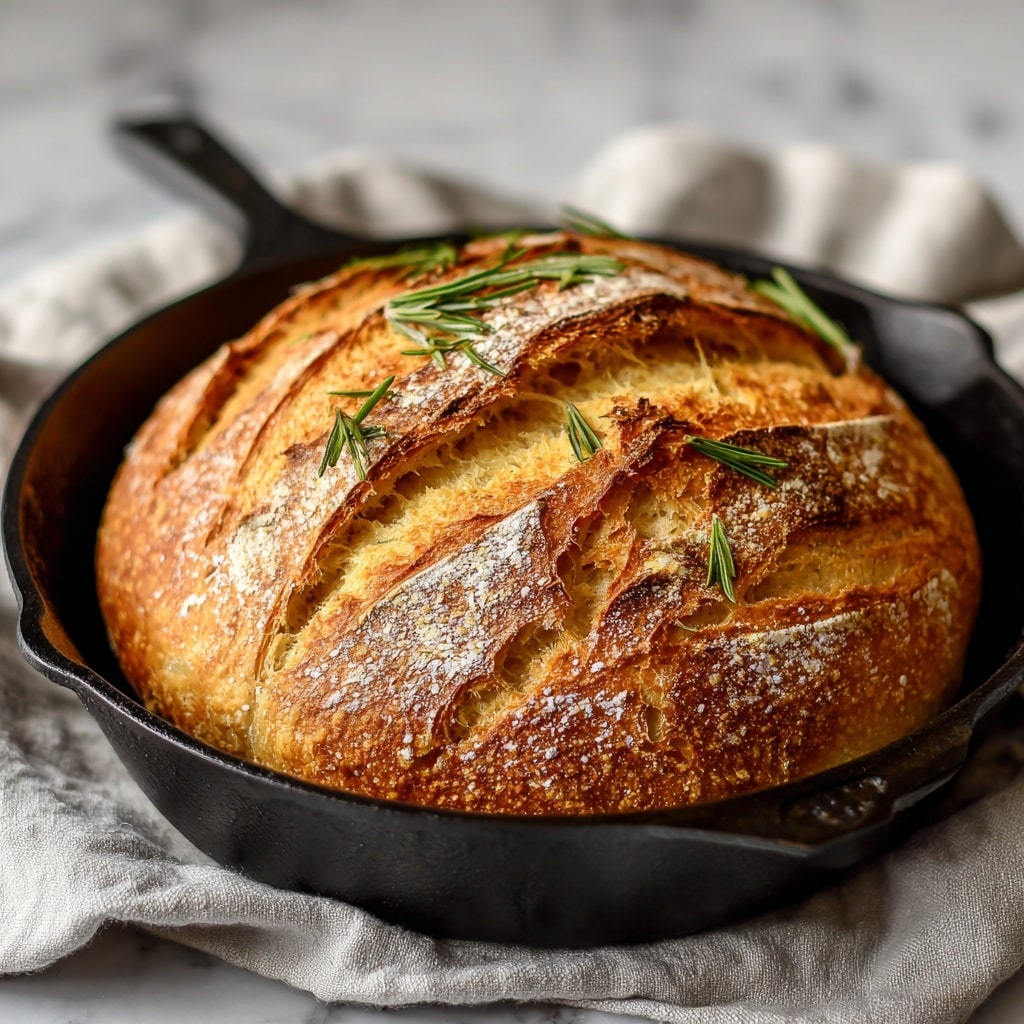 A close-up of a round, crusty loaf of bread with a golden brown, bubbly, and slightly cracked top layer showing a light, airy inside beneath. The crust has darker browned patches and is sprinkled lightly with coarse salt. On top of the loaf, there is a small green sprig of rosemary placed at the center. The bread rests on brown parchment paper, with another small rosemary sprig placed beside it. The surface beneath is a white marbled texture. photo taken with an iphone --ar 4:5 --v 7