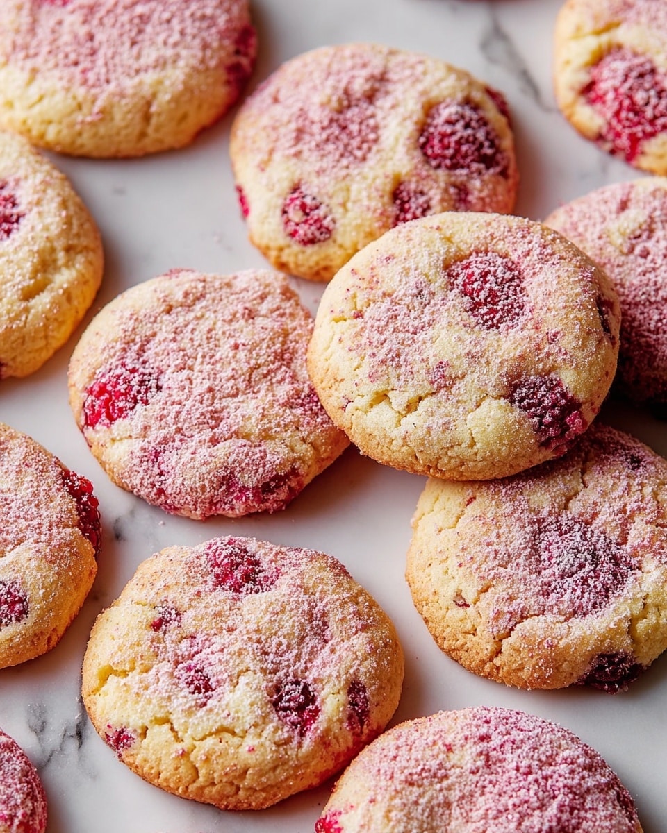 The image shows two soft cookies placed on a white marbled surface. One cookie is whole, light golden brown with red berry bits and a light dusting of powdered sugar on top. The other cookie is broken in half, revealing a soft inner texture with red berry filling inside. Pink berry crumbs are scattered around the cookies on the surface. Photo taken with an iphone --ar 4:5 --v 7