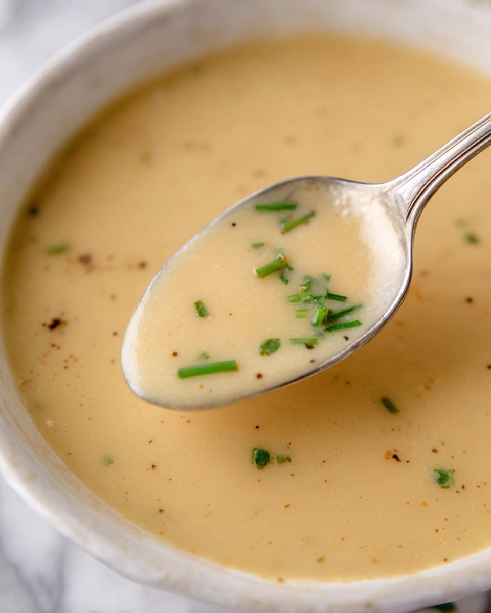 A close-up view of a bowl filled with smooth, creamy light beige soup, sprinkled with small green chive pieces and a few black pepper flecks on top. A silver spoon is lifted above the bowl, holding a small amount of the soup with the same garnishing visible. The bowl is white with a rustic speckled edge and sits on a matching white plate with a crackled texture. A beige cloth napkin is casually placed to the side on a white marbled surface. Photo taken with an iphone --ar 4:5 --v 7