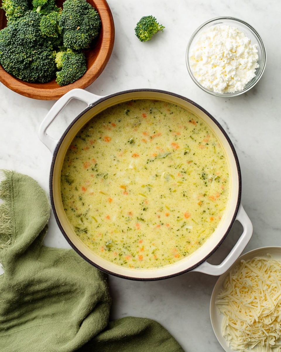 A large white pot filled with creamy broccoli soup that has a light yellow base with small green broccoli bits and tiny orange carrot pieces mixed evenly throughout. A metal ladle, held above the pot, shows a close-up of the soup with a few bigger bright green broccoli florets, creating a thick, chunky texture. The pot is placed on a white marbled surface with a few broccoli florets and a green cloth nearby. The image is clear and bright with natural light. photo taken with an iphone --ar 4:5 --v 7