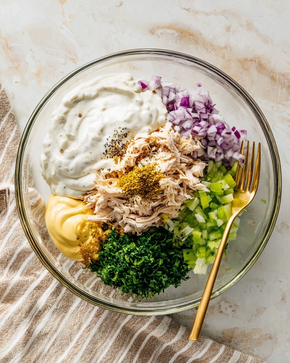A white oval plate holds a fresh salad with three main layers. The bottom layer is a ring of green cucumber slices evenly placed around the edge of the plate. On top of this is a mix of whole and halved yellow and red cherry tomatoes, along with thin slices of purple onion scattered in between. The top layer is shredded white chicken mixed with small bits of yellow bell pepper, all garnished with chopped fresh green parsley leaves and cracked black pepper sprinkled over everything. The plate sits on a white marbled surface with loose parsley leaves around it and a gray-striped cloth next to it. photo taken with an iphone --ar 4:5 --v 7