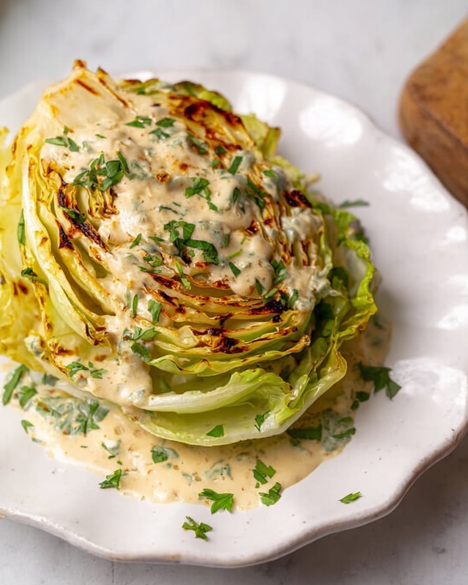 A wedge of grilled cabbage sits on a white scalloped plate placed on a white marbled surface, showing several layers of light green and pale yellow leaves from bottom to top. The cabbage wedge is browned and slightly charred on the upper layers, with a creamy, lightly speckled beige sauce generously spread over it, seeping into the leaf layers. Fresh chopped green herbs are sprinkled over the top and sides of the cabbage, adding vibrant color contrast. The textures of soft grilled cabbage and smooth sauce combine visually with a few small crispy charred spots. Photo taken with an iphone --ar 4:5 --v 7