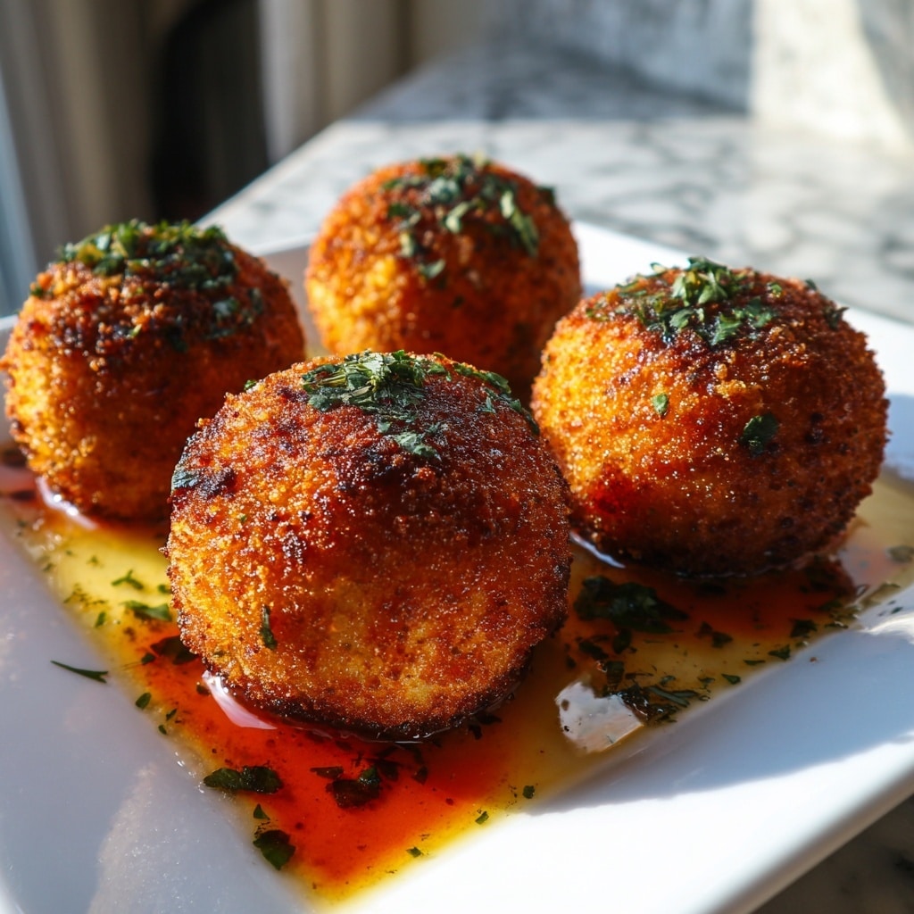 The image shows four round, golden-brown crispy fried balls on a white square plate. Each ball is evenly coated with a crunchy crust with some darker toasted spots, and they are sprinkled with small green herb pieces, likely parsley or cilantro. A thin layer of reddish-brown sauce pools underneath the balls, adding shine and contrast to the scene. The background is softly blurred with a hint of natural light coming from a window and a white marbled texture surface. The overall look is warm, inviting, and focused closely on the texture of the fried balls. Photo taken with an iphone --ar 4:5 --v 7
