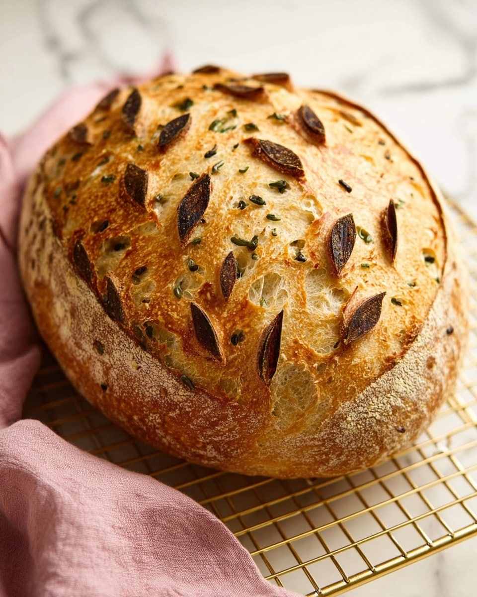 A round loaf of crusty bread sits on a gold cooling rack over a white marbled surface. The bread has a golden brown, bubbly crust with a few darker toasted spots. It is decorated with a pattern of deep slashes creating leaf-like shapes on top, showing the soft light beige inside with small bits of green herbs or vegetables baked into the dough. A soft pink cloth is partially visible beneath the bread on the left side, adding a cozy touch to the scene. Photo taken with an iphone --ar 4:5 --v 7