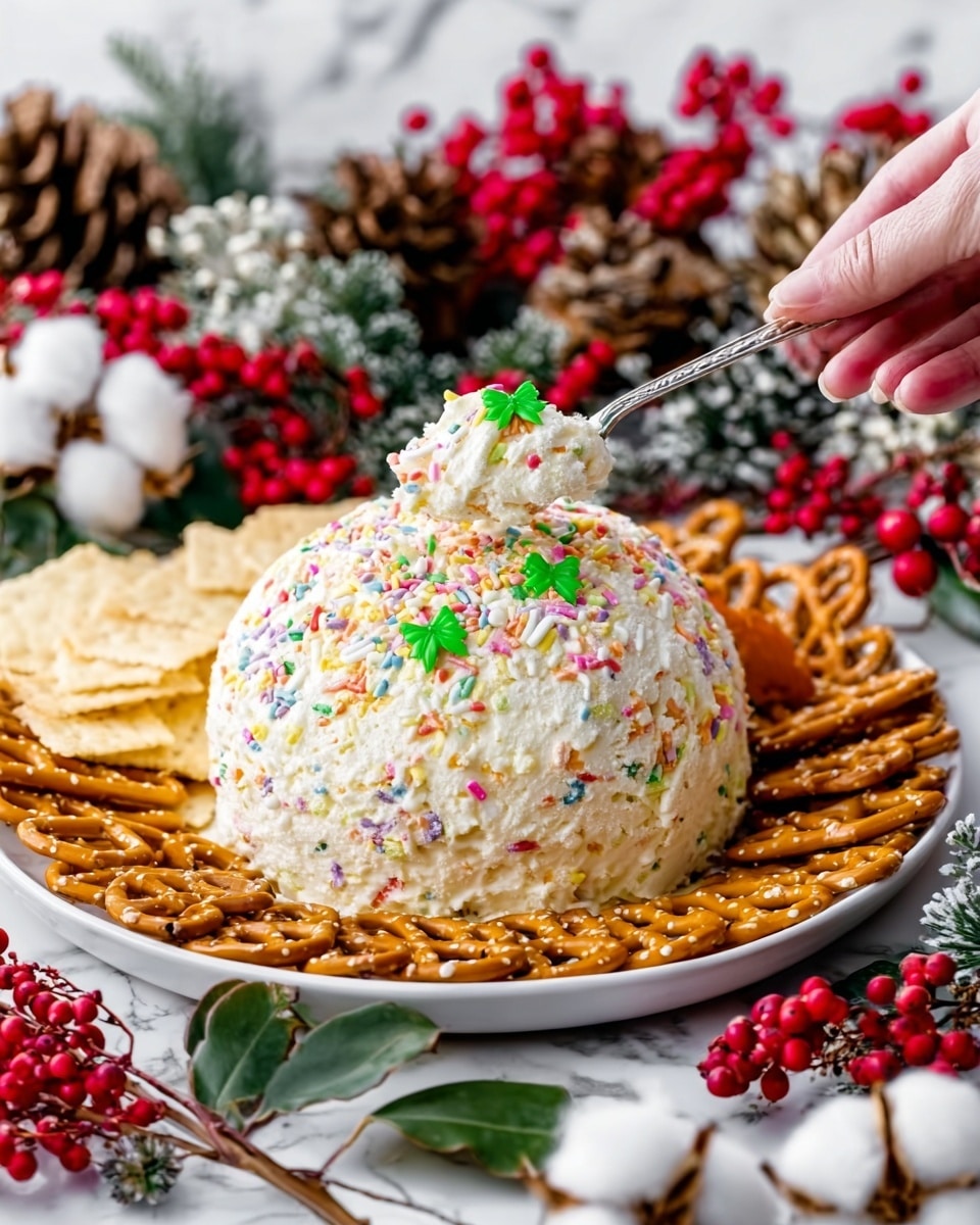 The image shows a white plate on a white marbled surface filled with snacks for dipping. On the plate, there are golden-brown pretzels neatly arranged on the right side. In front of the pretzels are two chocolate chip cookies, light brown with darker chocolate spots, and a bright red round cookie on the bottom right. A silver spoon rests on the plate, holding a scoop of creamy white cheese mixed with red and green bits and white chocolate chips, giving it a textured and colorful look. In the background, there is a larger white plate with a round cheese ball covered in white chips and sprinkled with red and green bits, surrounded by golden-brown round crackers and more pretzels. Festive red berries and pine cones with green pine branches decorate the scene, all placed on a checkered red, black, and white cloth. Photo taken with an iphone --ar 4:5 --v 7