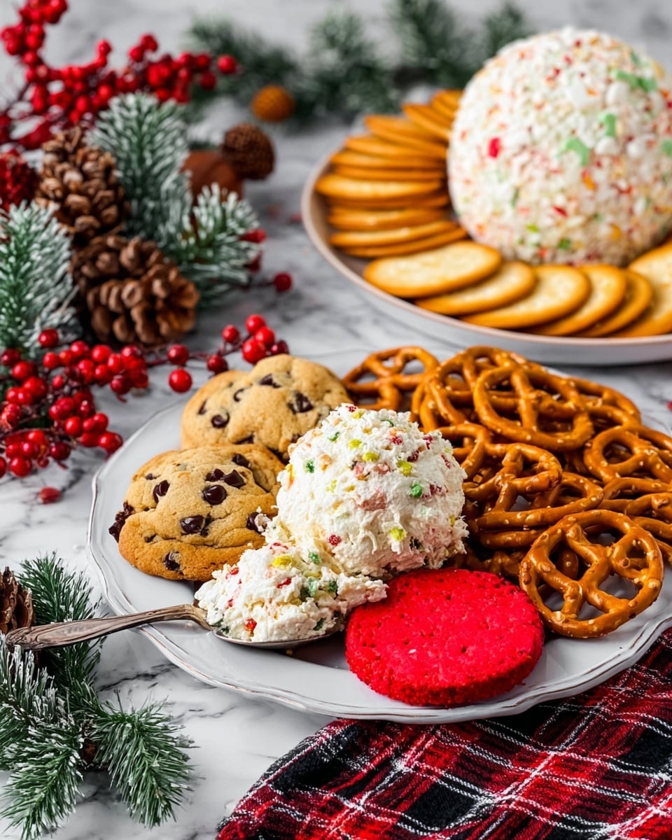 A round, dome-shaped treat sits in the middle of a white plate, covered in small, colorful sprinkles with a few people wearing tiny green bow ties made from candy. The dome has a creamy white texture, appearing soft and smooth, with a spoon stuck in its top as a woman's hand holds it gently. Surrounding the dome are golden-brown pretzels, laid neatly all around the plate. The background is a bright white marble surface with red berries, pine cones, cotton flowers, and green leaves providing a festive feel. Photo taken with an iphone --ar 4:5 --v 7