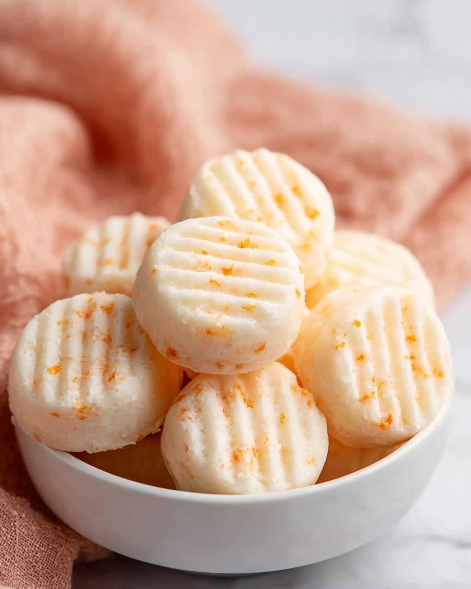The image shows a close-up of a white plate filled with small, round, white candies with a slightly rough texture. Each candy has horizontal ridges on the top surface, and small orange specks are scattered throughout them, giving a textured look. The candies are piled together, filling most of the plate. The plate rests on a soft, peach-colored cloth with subtle folds, placed on a white marbled surface. The overall lighting is soft and natural, highlighting the delicate details and textures of the candies. photo taken with an iphone --ar 4:5 --v 7