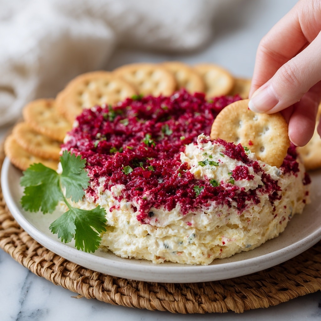 A close-up view of a white plate holding a two-layer dip, with the bottom layer creamy white cream cheese spread thick and smooth, and the top layer a coarse, bright red and deep pink mixture made with finely chopped beets, herbs, and seasonings, spread evenly over the cream cheese. A single round light tan cracker is inserted into the dip on the right side, and a fresh green cilantro leaf rests on the beet layer near the left side. The plate sits on a woven mat over a white marbled surface, with blurred crackers and a white cloth in the background. photo taken with an iphone --ar 4:5 --v 7