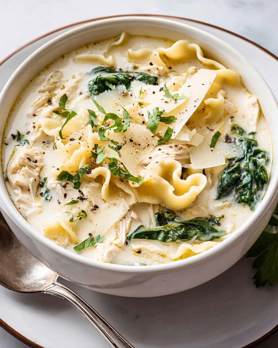 The dish is a bowl of creamy soup with several layers visible from the top. The base layer is a light cream-colored broth with a smooth texture. There are pieces of tender white chicken scattered throughout, along with bright green spinach leaves adding color. Wide, flat, curly-edged pasta pieces, light yellow in color, float around the bowl. There are also slices of light brown mushrooms mixed in. On top, dollops of white cottage cheese are placed in three spots, each sprinkled lightly with black pepper and red chili flakes. The bowl is white with a dark rim and sits on a white marbled surface, accompanied by a gold and white spoon resting inside the bowl. An orange cloth napkin is partially visible under the bowl. photo taken with an iphone --ar 4:5 --v 7