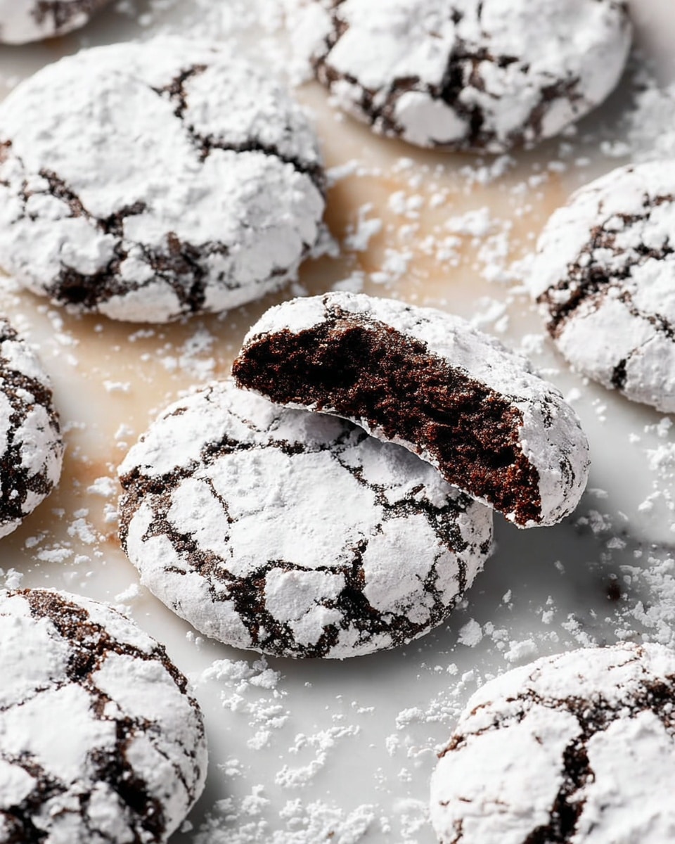 Several round chocolate crinkle cookies are spread on a white marbled surface, each cookie covered in a thick layer of white powdered sugar that cracks to show the dark brown chocolate underneath. One cookie is broken in half and placed in the center, revealing a moist, soft interior that contrasts with the drier, cracked outer layer. The cookies have a slightly rough texture and are irregularly shaped, with powdered sugar scattered lightly around them. Photo taken with an iphone --ar 4:5 --v 7