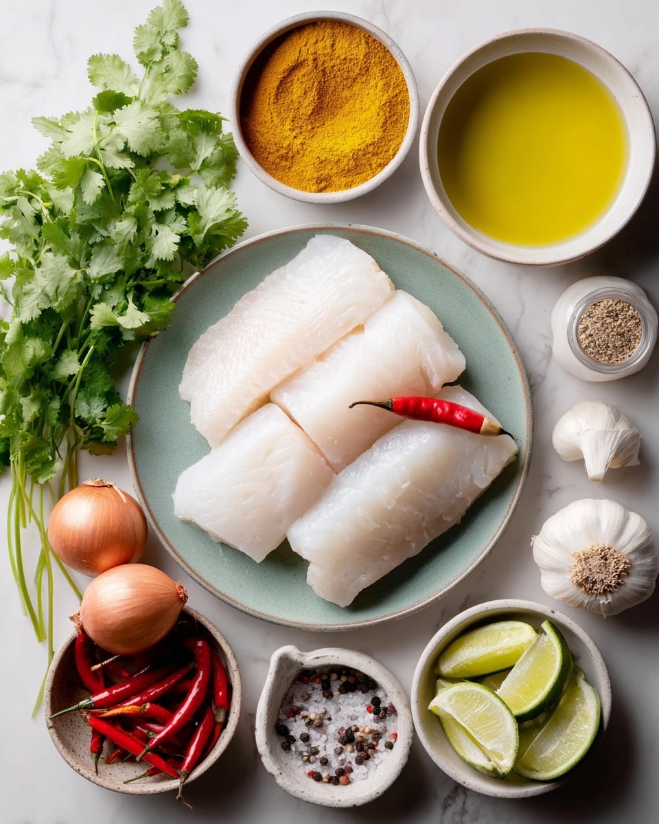 The image shows a round white plate in the center with four raw, white fish fillets stacked neatly with a small red chili on top near the edge. Surrounding the plate on a white marbled surface are fresh green cilantro leaves on the left, two whole brown onions below them. Several small round bowls hold various ingredients around the fish plate: two bowls with yellow curry powder at the top left and bottom right; a bowl with a mix of black and white pepper and salt below the onions; a bowl with red chili peppers and a garlic bulb below the fish plate; a white bowl with lime halves and wedges to the right; a small clear glass jug with yellow cooking oil near the lime; and a white bowl filled with a smooth white liquid at the top right. All items are placed carefully showing fresh and colorful cooking ingredients photo taken with an iphone --ar 4:5 --v 7