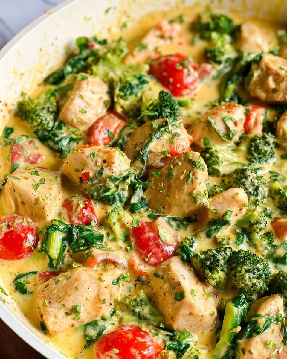 A close-up of a creamy dish in a white pan, showing two main layers: large chunks of light golden chicken and bright green broccoli florets mixed with fresh spinach leaves and small red cherry tomato pieces. The dish is coated in a thick, smooth, light yellow sauce with specks of herbs scattered throughout, giving a rich texture. The colorful vegetables contrast with the tender chicken, and the parsley flakes add a fresh green touch sprinkled on top. The white marbled background adds softness to the warm colors of the dish. photo taken with an iphone --ar 4:5 --v 7