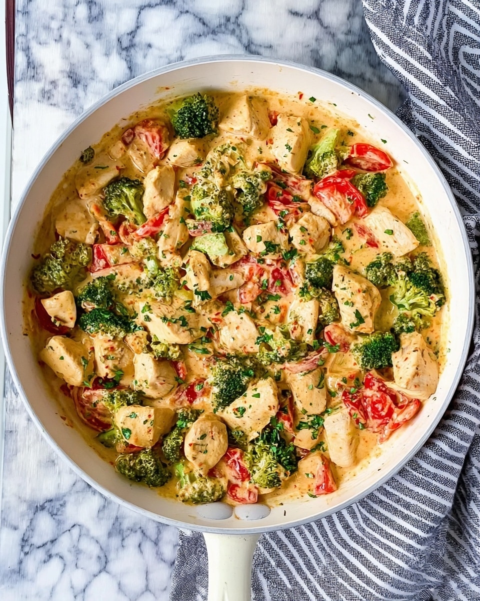 A white pan filled with chunks of light golden-brown chicken mixed with vibrant green broccoli florets and bright red tomato pieces, all coated in a creamy light orange sauce with visible herbs sprinkled on top. The pan rests on a white marbled surface with a gray and white striped cloth draped partially underneath it. The dish looks creamy, colorful, and fresh, with the sauce evenly covering each ingredient. photo taken with an iphone --ar 4:5 --v 7