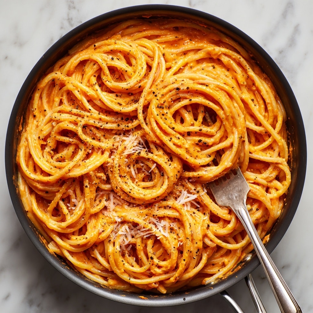 A white bowl filled with thick spaghetti noodles coated evenly in a creamy orange-red sauce, with visible specks of black pepper scattered across the dish. The pasta is twirled neatly in multiple loops around a silver fork resting on the right side of the bowl, which holds a small bundle of noodles. There are small shreds of white cheese sprinkled lightly on top of the pasta, adding texture and contrast to the smooth sauce. The bowl is placed on a white marbled surface. photo taken with an iphone --ar 4:5 --v 7
