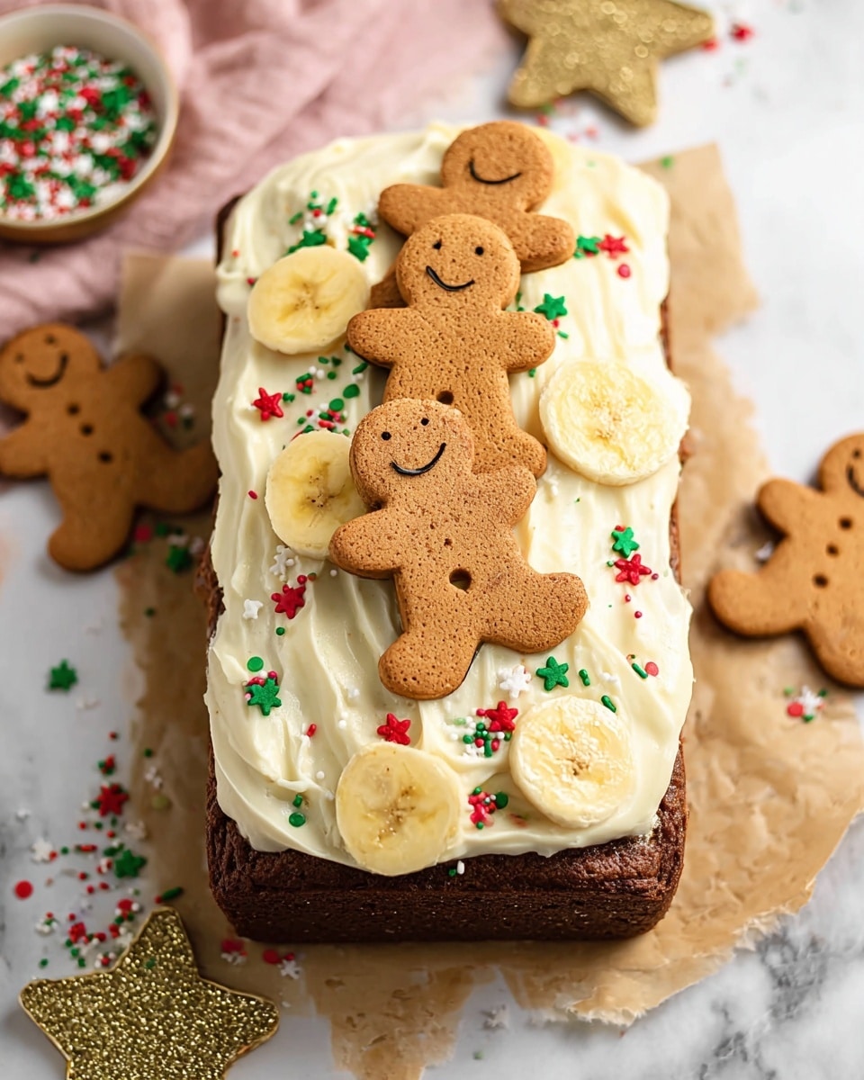 A single thick slice of dark brown gingerbread loaf with a dense, moist texture is placed on a piece of parchment paper over a wooden board, showing one end covered with white cream cheese frosting mixed with colorful sprinkles. The gingerbread loaf in the background is topped with the same white frosting and small gingerbread cookies on top. Around the slice are small gingerbread cookies and a small angel figurine holding a red star, all on a white marbled surface. Photo taken with an iphone --ar 4:5 --v 7