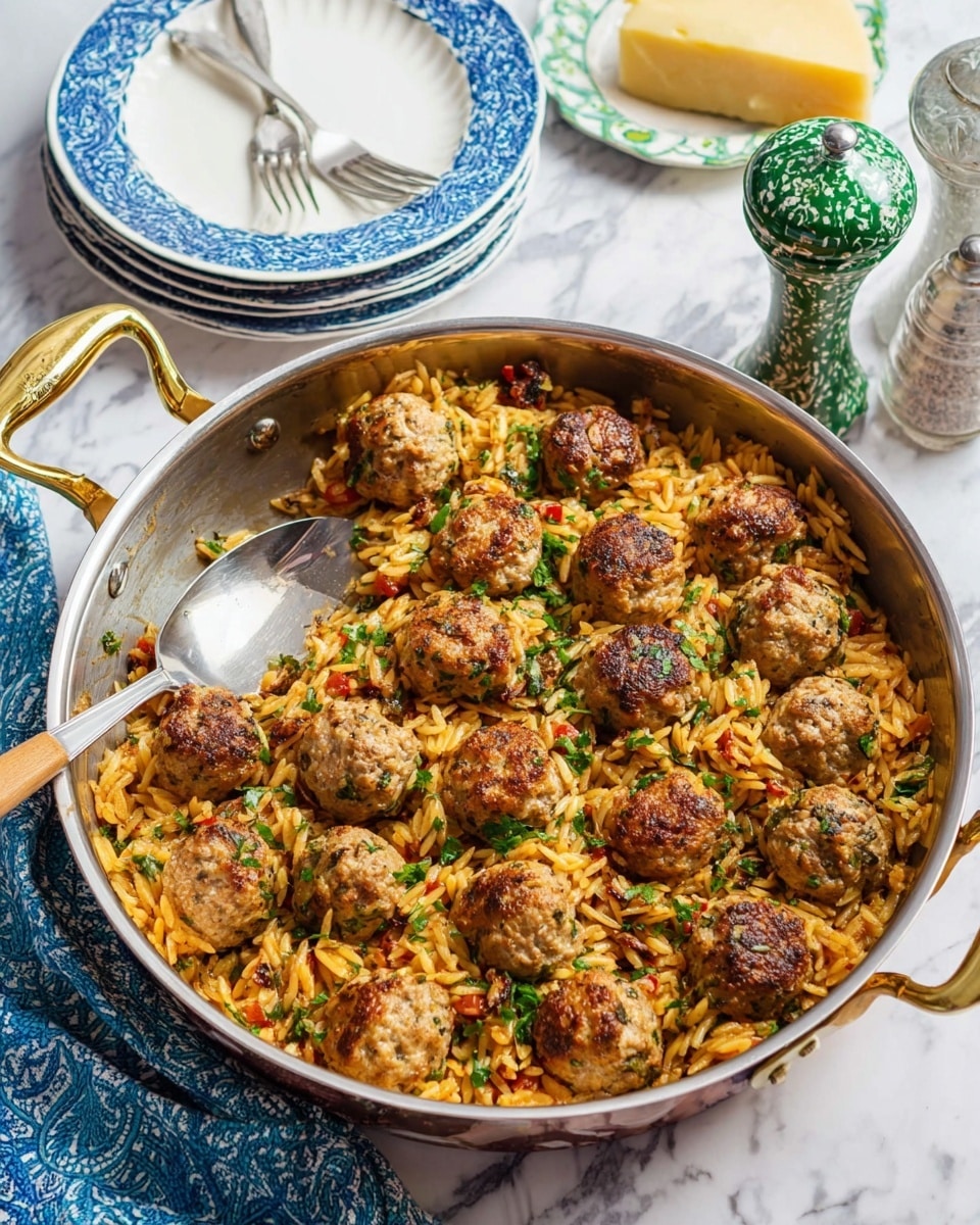 A large metal pan with gold handles filled with a dish of golden-brown meatballs on top of a bed of orange-colored orzo mixed with green herbs and bits of red, possibly sun-dried tomatoes, with flecks of grated cheese sprinkled throughout. The meatballs are browned and scattered evenly over the orzo, which looks moist and textured. A large metal spoon with a wooden handle rests inside the pan on the left side. In the background, there are two white plates stacked with a fork on top, a blue patterned cloth, a white container with green decoration, a wedge of yellow cheese, and two salt and pepper shakers, all placed on a white marbled surface. photo taken with an iphone --ar 4:5 --v 7