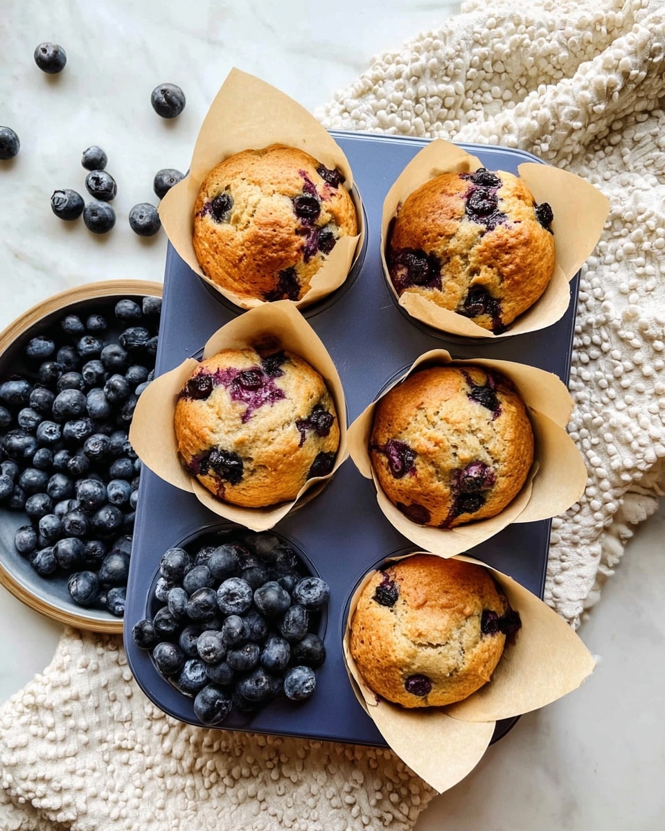 A blue muffin tray holds five golden brown blueberry muffins, each wrapped in light tan parchment paper with a slightly crumpled texture. The muffins are dotted with dark purple blueberries, some of which have burst during baking, leaving splashes of deep purple on the muffin tops. The tray also contains a separate round section filled with plump fresh blueberries, shining with a slight frost. The tray rests on a white marbled surface, and a cream-colored textured cloth with raised patterns is positioned near the top right corner. Photo taken with an iphone --ar 4:5 --v 7
