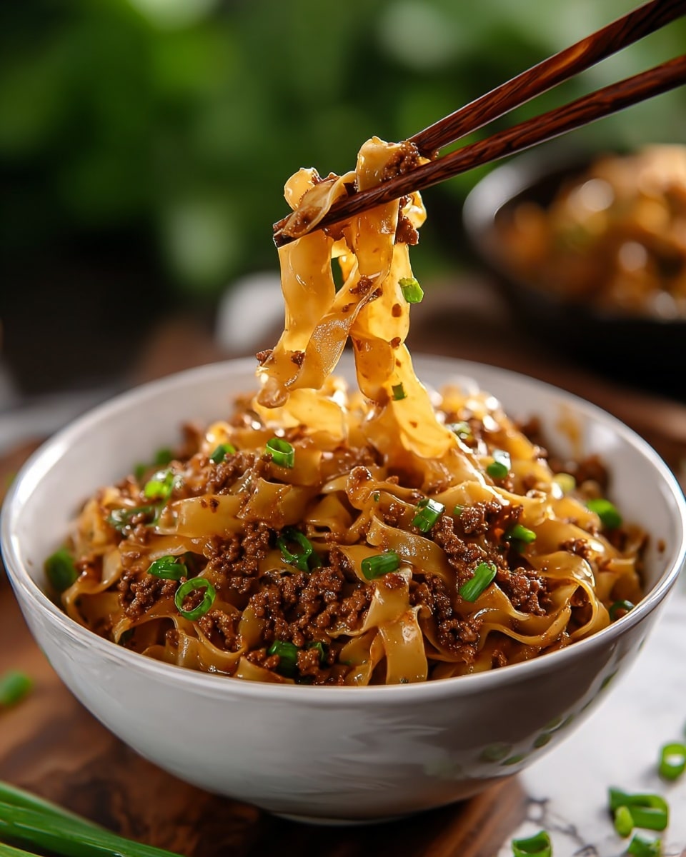 A close-up view of wide, flat noodles coated in a shiny, brown sauce mixed with small crumbled pieces of cooked ground meat and scattered green chopped herbs on top. The noodles look soft and slightly curled, clustered in a white bowl, with some noodles being lifted by a pair of black chopsticks held by a woman's hand. The backdrop is a softly blurred white marbled surface with a bowl of green garnish in the background. Photo taken with an iphone --ar 4:5 --v 7