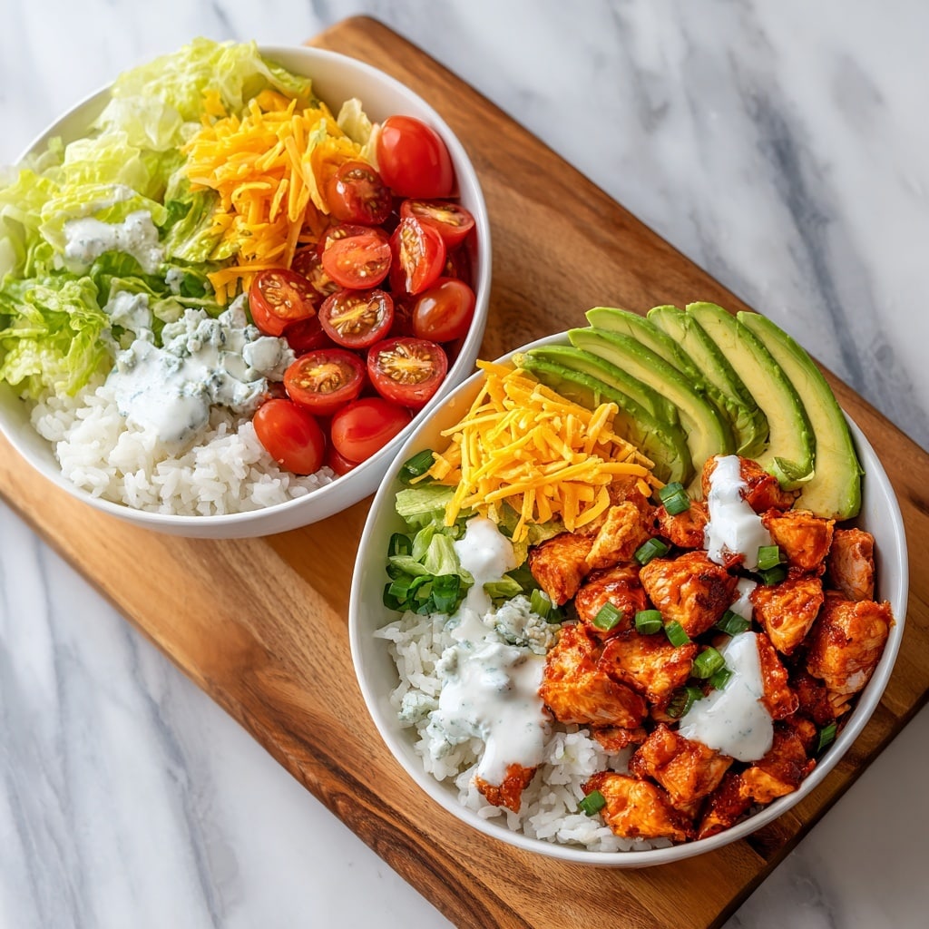 Two white bowls sit on a white marbled surface, each filled with a colorful layered salad. The bottom layer in each bowl is light brown quinoa, followed by a mix of chopped light green celery on one side and shredded bright orange carrots next to it. On top of the quinoa are fresh green lettuce leaves and bright red halved cherry tomatoes. Grilled orange chicken pieces and crispy orange buffalo cauliflower bits sit in one corner. Two slices of dark green cucumber rest near the top, sprinkled with green chopped spring onions. The whole bowl is drizzled with creamy white ranch dressing and garnished with small white crumbles of blue cheese. photo taken with an iphone --ar 4:5 --v 7
