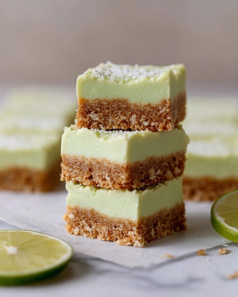 The image shows a stack of three square dessert bars on a white marbled surface, each with two clear layers: the bottom layer is a thick, crumbly, light brown base with a rough texture, and the top layer is a smooth, pale green cream that looks soft and creamy. The topmost bar is slightly shifted, showing the crumbly texture of the base and the creamy layer’s thickness. In the background, more bars are visible with a blurred effect, and in the foreground, there is a halved lime adding a fresh touch. The overall look is neat and inviting, with light colors and a clean setup. photo taken with an iphone --ar 4:5 --v 7