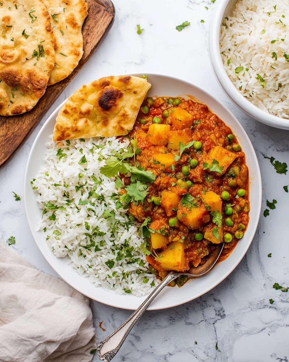A black bowl filled with a thick, red-orange curry that has visible chunks of yellow potato and green peas, all covered in a rich, slightly glossy sauce with scattered small green cilantro leaves on top. In the background, there is a glimpse of white bowls containing steamed white rice with a small green garnish and a colorful fresh vegetable salad with red, green, and white pieces, all placed on a white marbled surface. The image captures a cozy, homemade feel with a soft yellow-and-white cloth partially visible beneath the bowls. photo taken with an iphone --ar 4:5 --v 7