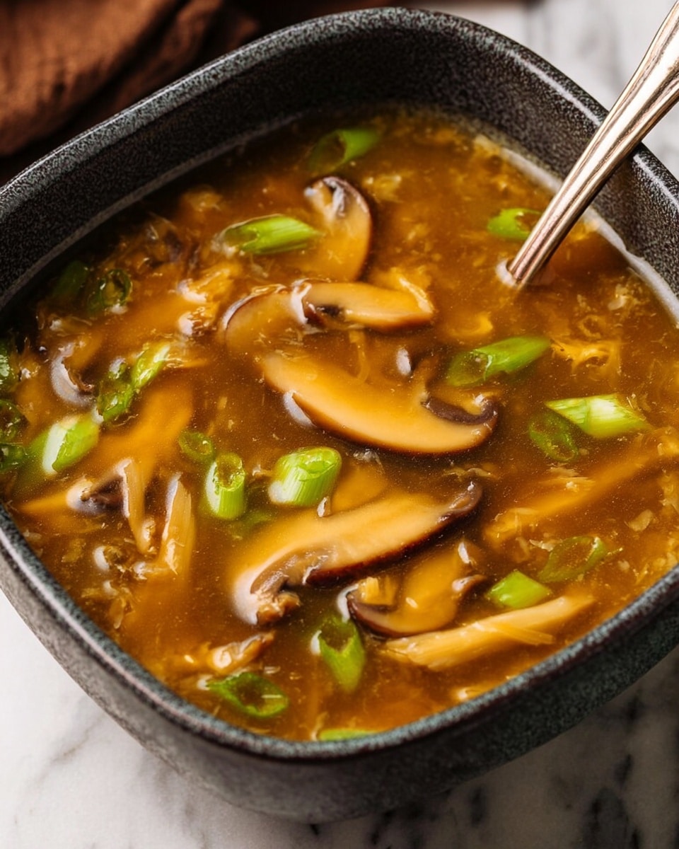 A round black pot filled with a thick dark brown soup containing visible slices of light brown mushrooms and bright green chopped scallion pieces scattered on top. The soup has a glossy texture with some small bubbles, making the surface look slightly uneven. Next to the pot, a white bowl holds colorful rice with bits of orange and green vegetables mixed in. There is a black ladle with a wooden handle resting above the pot on a wooden surface, and a striped cloth is partially visible at the bottom left corner beside some whole mushrooms and fresh scallion stalks on a white marbled texture background. Photo taken with an iphone --ar 4:5 --v 7