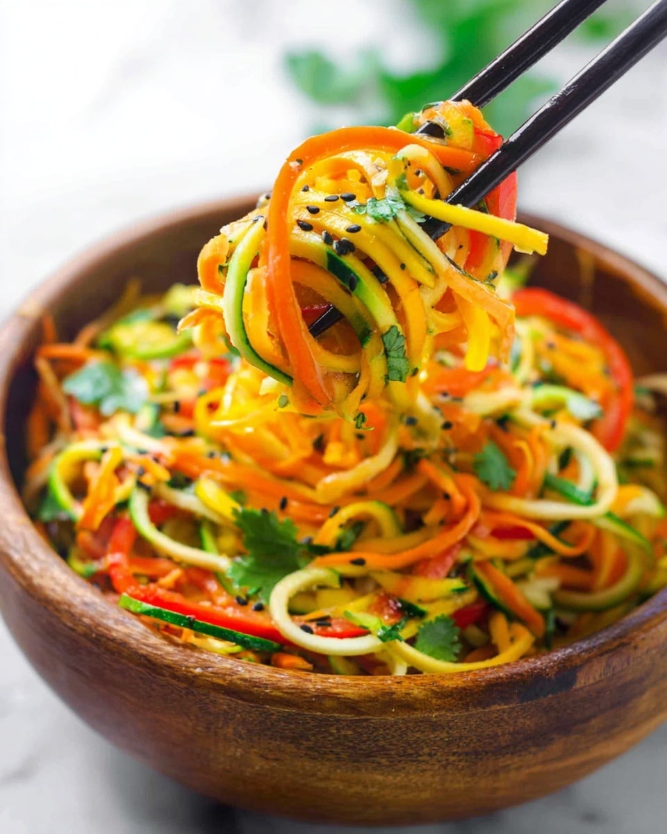 A bowl made from coconut shell holds a colorful spiral noodle salad with thin strands in green and orange, suggesting zucchini and carrot noodles, mixed with small green peas and sprinkled with black sesame seeds. The dish is garnished with a sprig of fresh cilantro on the top. The bowl sits on a white marbled surface with two silver chopsticks placed diagonally beside it. In the background, there are bunches of fresh cilantro, two green limes, and a garlic bulb, adding freshness to the scene. photo taken with an iphone --ar 4:5 --v 7