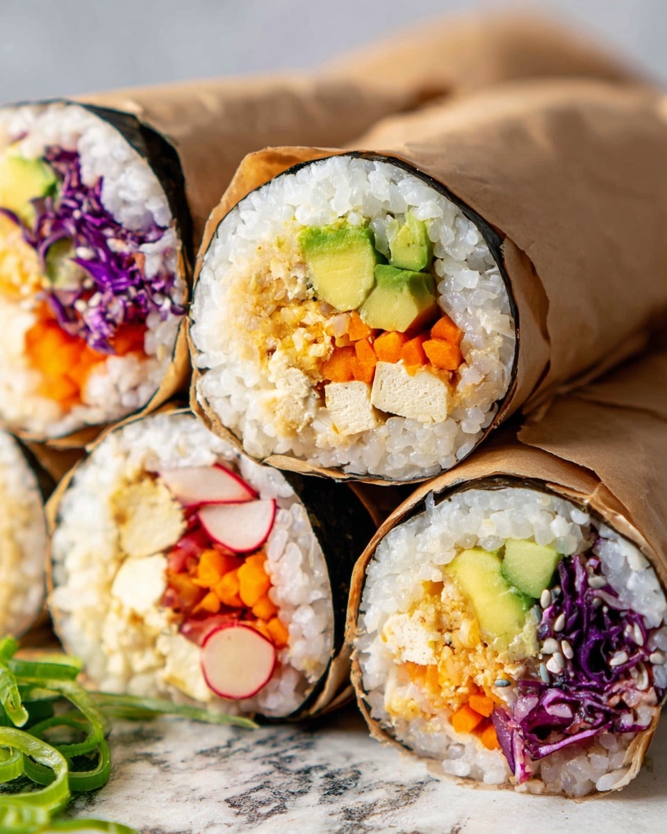This image shows several vegetable sushi burritos wrapped in light brown paper, placed on a white marbled surface. Each burrito has three visible layers: the outer white sushi rice layer, followed by a thin black nori seaweed layer just inside the rice, and the innermost fillings which include chunks of light green avocado, orange carrot pieces, purple cabbage shreds, pale beige tofu or a similar soft filling, and thin white radish strips with red edges. A small portion of green sliced scallions is blurred in the background. The sushi burritos are stacked close together, showing the colorful cross-section of the fillings. photo taken with an iphone --ar 4:5 --v 7
