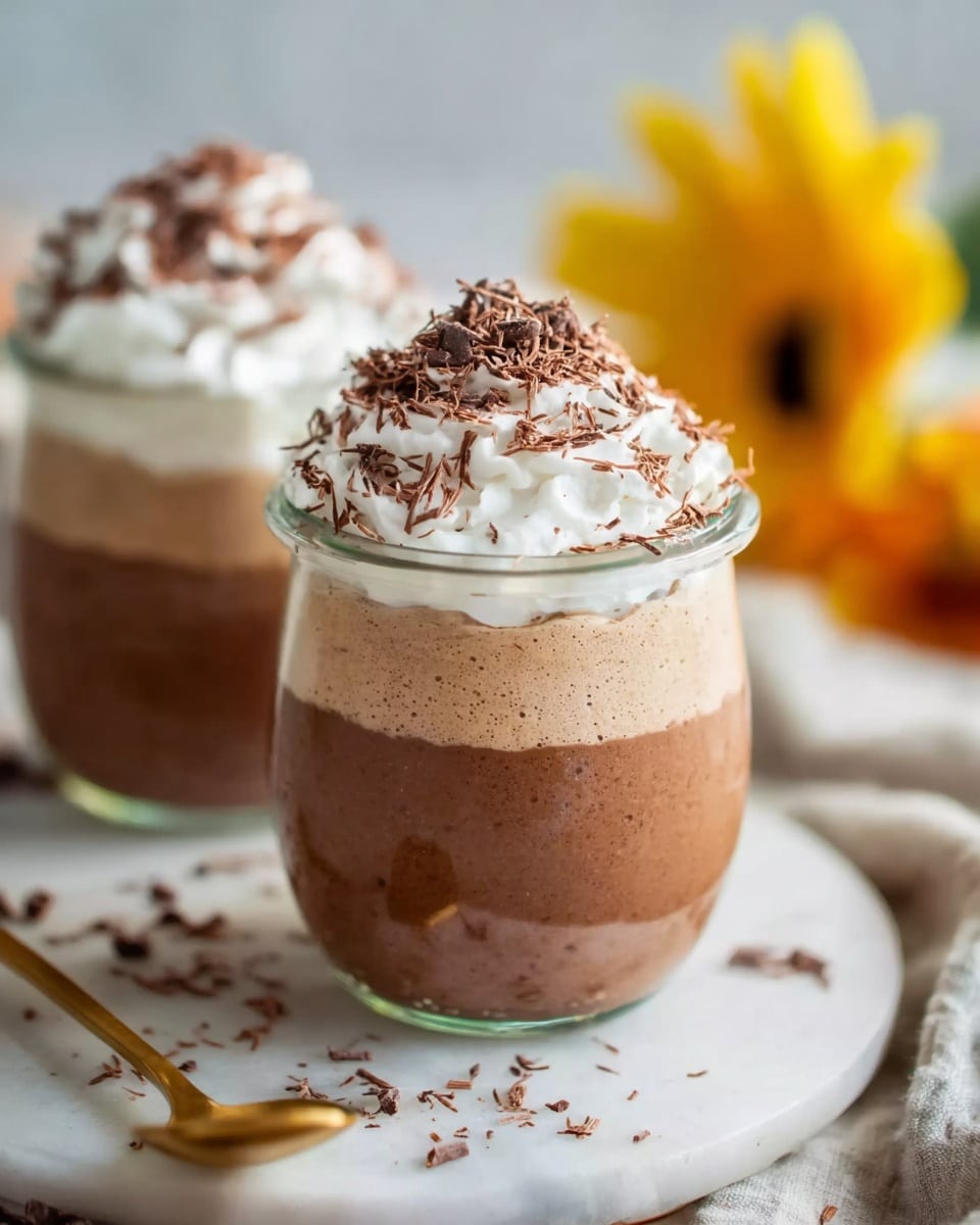 The image shows two clear glass jars filled with three layers: the bottom layer is a light brown creamy mousse, the middle layer is a darker brown mousse, and the top is a white whipped cream topped with fine chocolate shavings. The jars are placed on a white marbled surface scattered lightly with chocolate flakes. In the background, there is a soft blur of a yellow flower and some cloth, while a golden spoon lies near one jar. Photo taken with an iphone --ar 4:5 --v 7