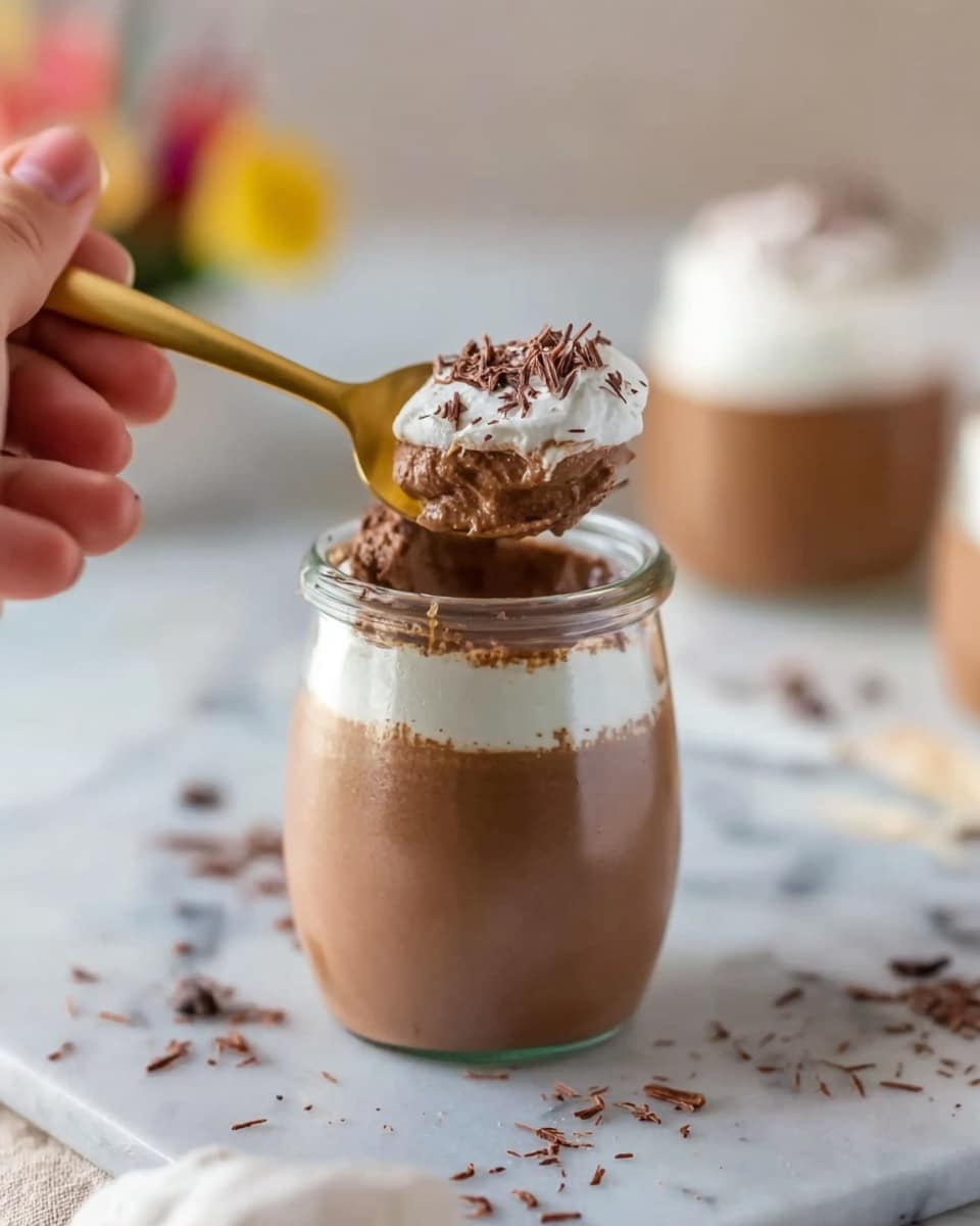 A small clear glass jar filled with three visible layers: the bottom layer is a light brown smooth pudding, the middle layer is a darker brown creamy mousse, and the top layer is white whipped cream sprinkled with tiny chocolate shavings. A woman's hand is holding a golden spoon with a scoop showing all three layers in one bite. The jar is placed on a white marbled surface with scattered chocolate shavings around it. In the background, there is a blurred second jar with a similar dessert and some indistinct colorful shapes. Photo taken with an iphone --ar 4:5 --v 7