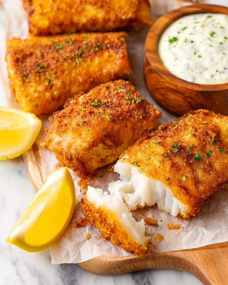 The image shows four pieces of crispy fried fish with a golden brown crust, sprinkled lightly with green herbs. One piece is broken open, revealing soft, white, flaky fish inside. A small round wooden bowl of creamy white sauce with some green herbs on top is placed beside the fish. A bright yellow lemon wedge sits near the bottom left corner. All the items are arranged on a piece of parchment paper on a wooden board, placed on a white marbled surface. photo taken with an iphone --ar 4:5 --v 7