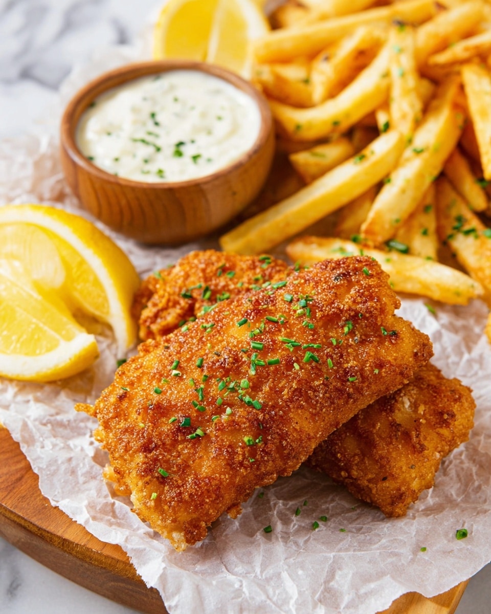 Two golden brown fried fish fillets with a crispy, textured coating sprinkled with small green herbs sit in front on crumpled white parchment paper. Behind the fish, there is a pile of light golden, slightly thick-cut French fries with some green herb bits on top. To the left, a small round wooden bowl holds white creamy tartar sauce, also sprinkled with green herbs. Two lemon wedges, bright yellow with shiny juice, are placed near the fish fillets. The whole dish is set on a wooden tray against a white marbled surface. photo taken with an iphone --ar 4:5 --v 7