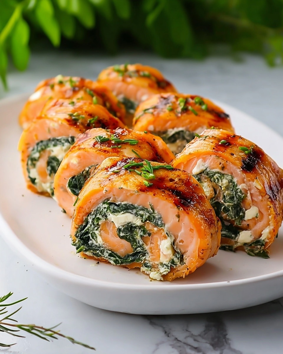 The image shows six pieces of rolled salmon on a white plate, each roll featuring three layers: a light orange grilled salmon outer layer with slight charring, a middle layer of dark green spinach, and an inner layer of creamy white cheese filling. The rolls are arranged neatly on a white marbled surface with a blurred green leafy background, giving a fresh and appetizing look. photo taken with an iphone --ar 4:5 --v 7
