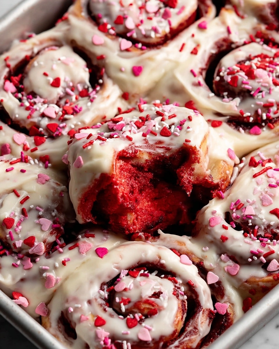 A close-up view of red velvet cinnamon rolls arranged tightly in a baking tin on a white marbled surface, each roll showing red dough with dark brown cinnamon swirls and a thick layer of creamy white icing dripping over the edges. The rolls are topped with pink, red, and white heart-shaped and round sprinkles, adding a festive touch. One cinnamon roll is slightly pulled away from the rest and bitten into, revealing the soft, moist red interior with a gooey cinnamon layer inside. Photo taken with an iphone --ar 4:5 --v 7