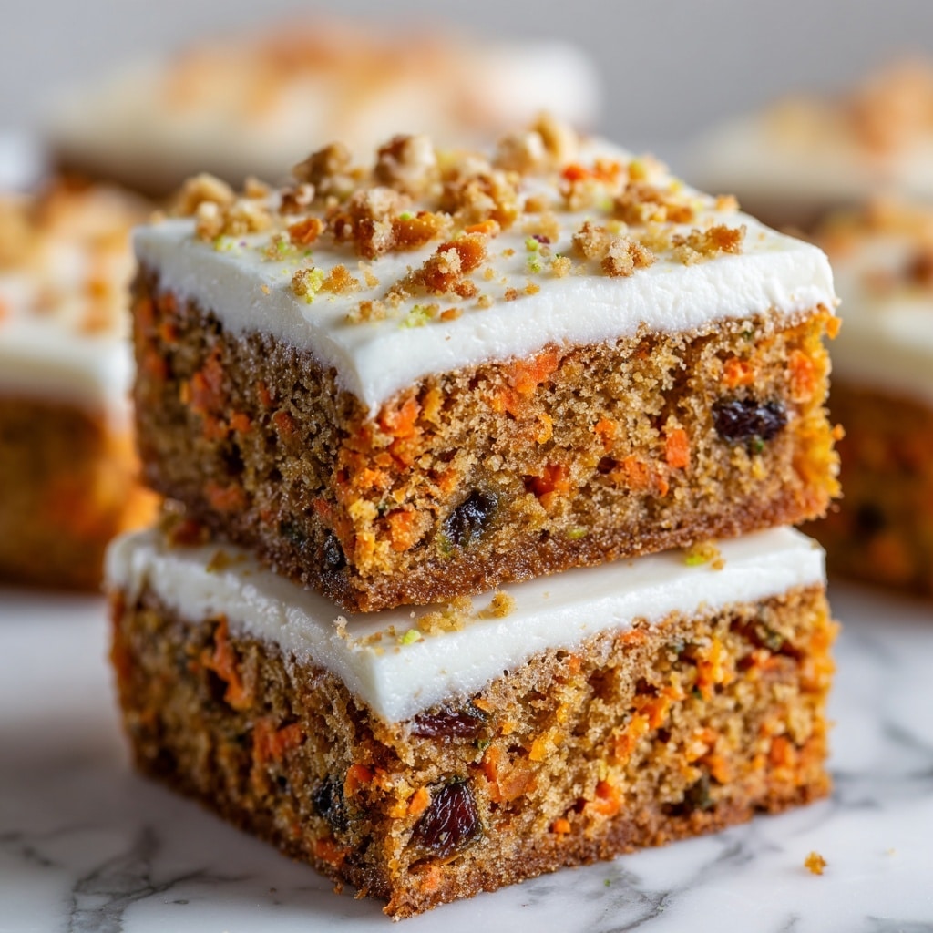 A close-up of two square pieces of carrot cake stacked on a white marbled surface. Each piece has three visible layers: a moist, dense carrot cake layer filled with small orange carrot bits and dark raisins at the bottom, a thick middle layer of creamy white frosting, and another carrot cake layer topped with a smooth layer of white frosting. The frosting on top is sprinkled with fine brown crumbs and small carrot bits, giving a textured look. More pieces of the same cake are blurred in the background. Photo taken with an iphone --ar 4:5 --v 7