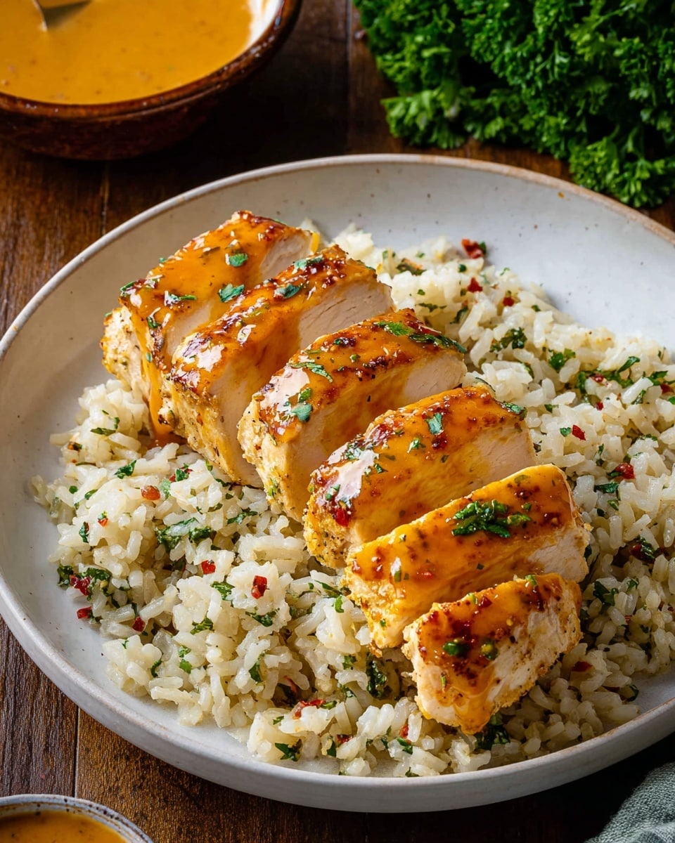 A rectangular white ceramic baking dish holds five chicken breasts covered in a thick, glossy orange sauce with red chili flakes and small green herb bits. The chicken breasts are arranged tightly in one layer, with the sauce pooling slightly around them. The dish sits on a dark wooden surface, with a small bowl of creamy orange sauce and a bowl of chopped green herbs nearby. Fresh curly parsley is visible in the lower right corner on the side. The overall appearance is warm, rich, and inviting. photo taken with an iphone --ar 4:5 --v 7