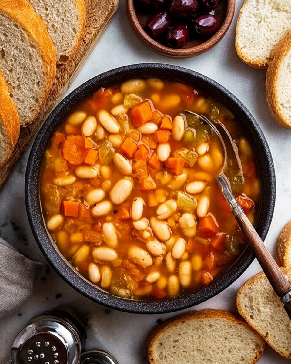 A black bowl filled with thick white bean soup on a white marbled surface, showing soft white beans swimming in an orange-brown broth mixed with small chunky pieces of bright orange carrot and light green celery bits. Around the bowl, there are several slices of light brown toasted bread arranged casually, alongside a small dark bowl containing dark olives and a silver spoon to the top right. The soup looks hearty and warm, with a smooth and slightly chunky texture. photo taken with an iphone --ar 4:5 --v 7