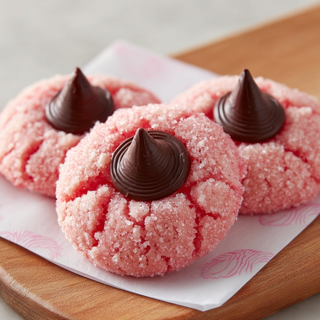 Three pink cookies with a cracked, sugary texture are arranged on a white plate atop a white marbled surface. Each cookie has a single, round milk chocolate kiss placed in the center, acting as the second layer. One cookie is partially bitten, showing the pink crumbly interior. The plate is simple and clean, putting full focus on the vibrant cookies. Photo taken with an iphone --ar 4:5 --v 7